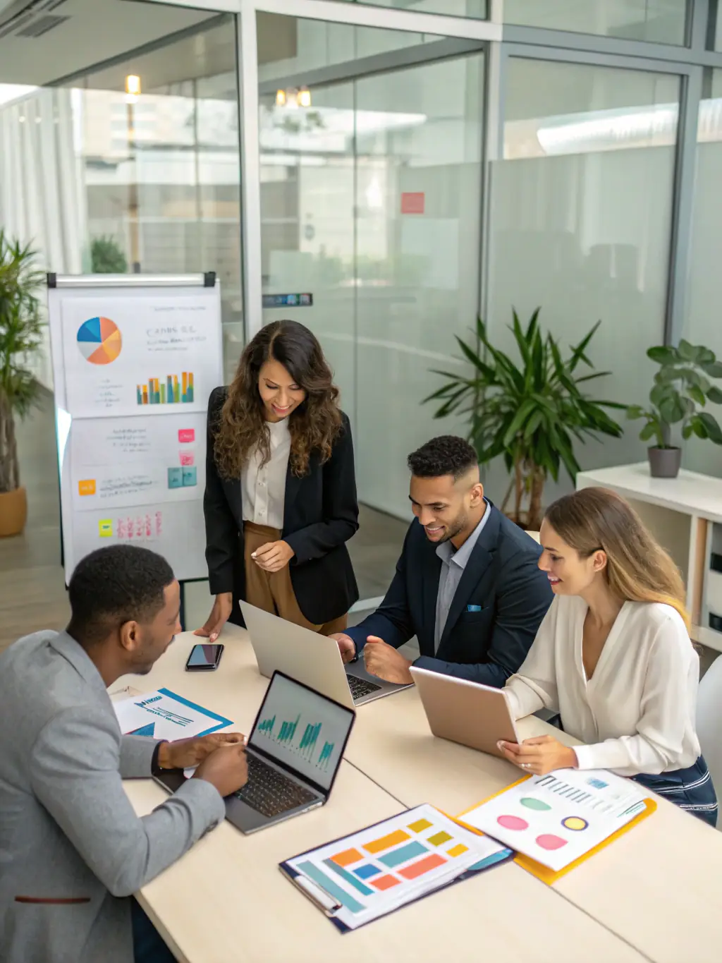 A professional photograph of a diverse team brainstorming marketing strategies in a modern office setting, emphasizing collaboration and innovation.