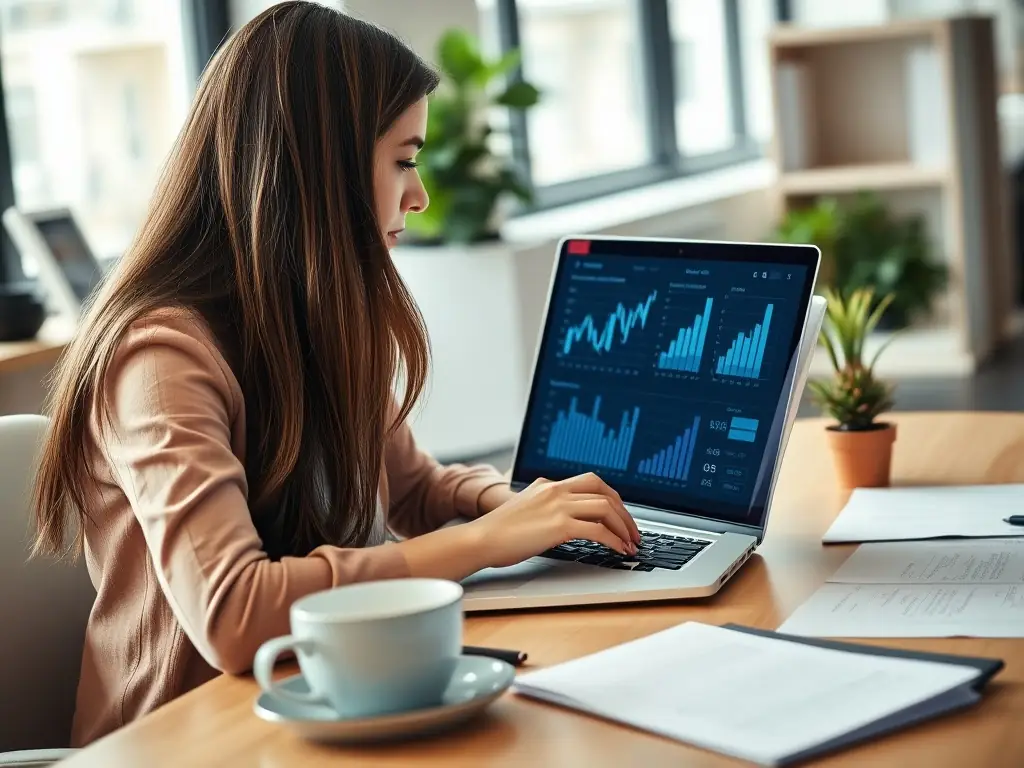 A focused marketing expert analyzing campaign data on a laptop, showcasing the data-driven approach to lead generation.