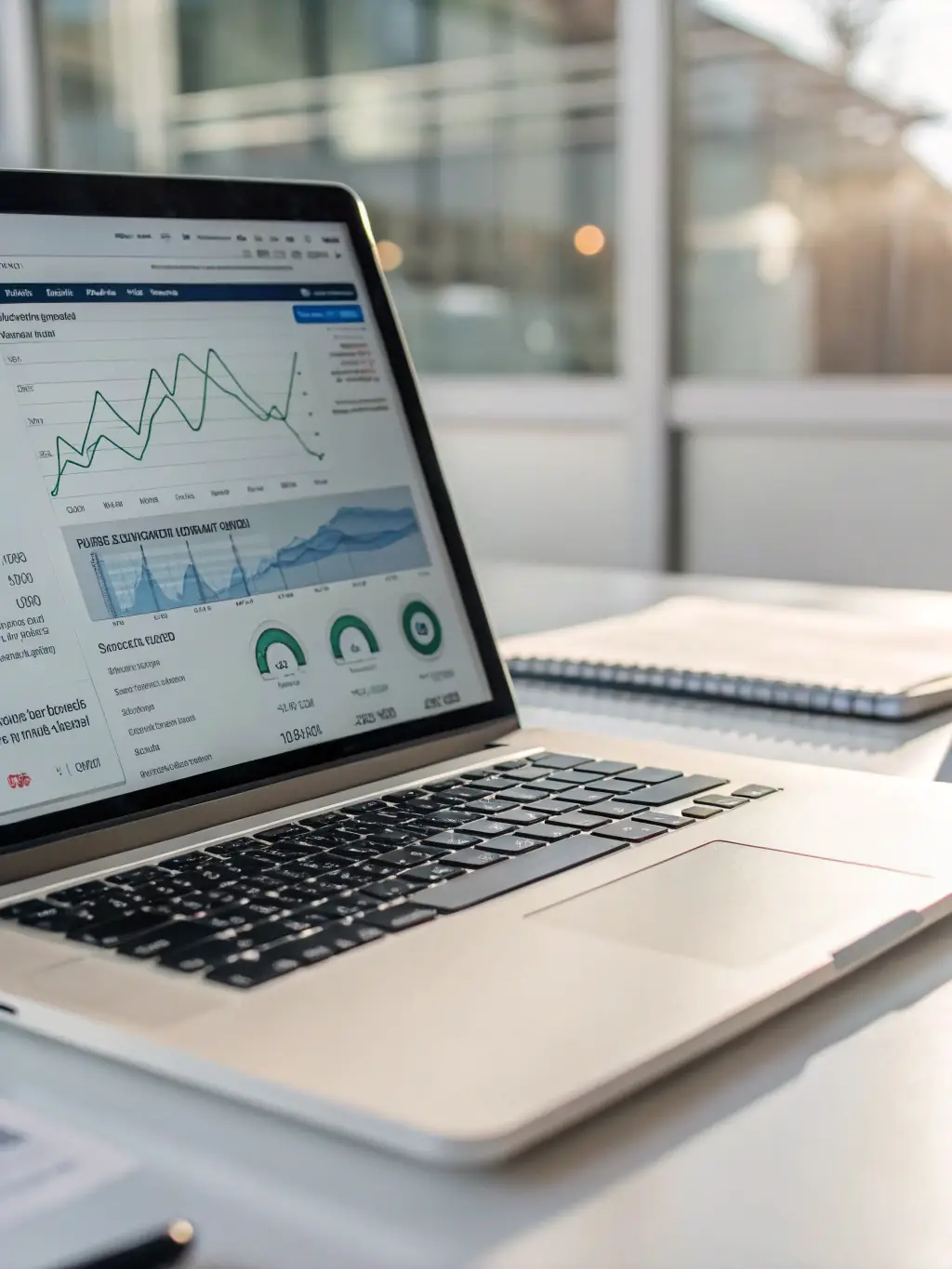 A close-up shot of a laptop screen displaying a detailed SEO analytics dashboard, showcasing keyword rankings, traffic sources, and website performance metrics.