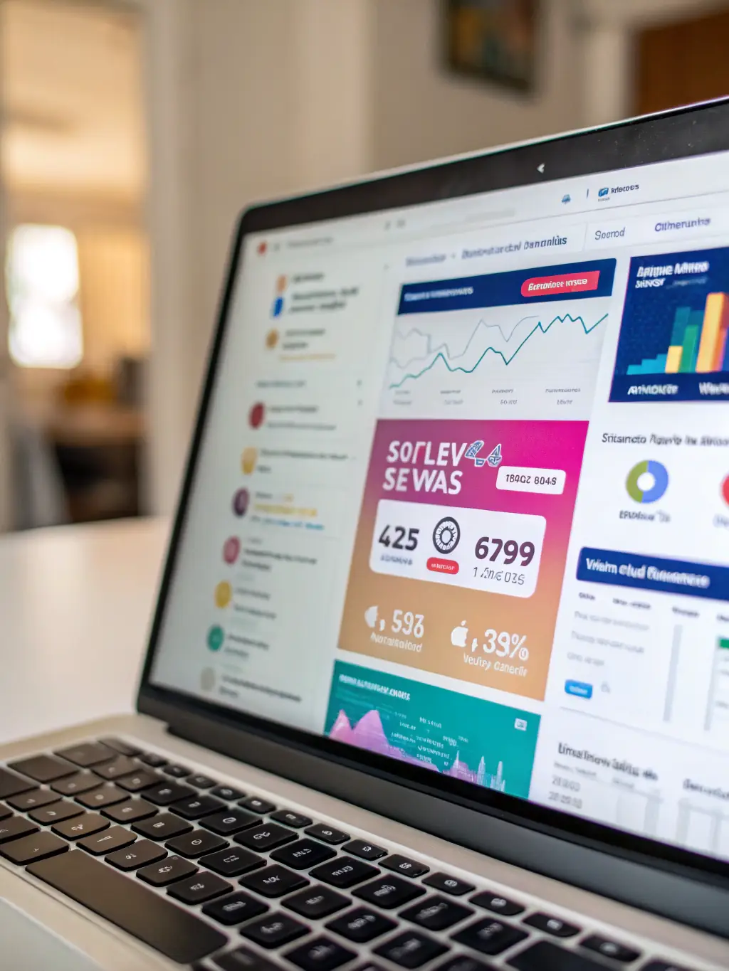 A close-up shot of a laptop screen displaying a Meta Ads Manager dashboard, showcasing campaign performance metrics and targeting options, used to illustrate the expertise in Meta advertising.